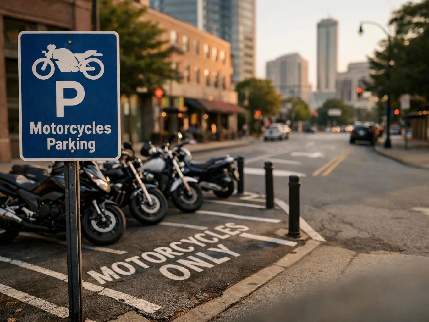 Blue motorcycle parking sign beside parked bikes on a city street with tall buildings in the background