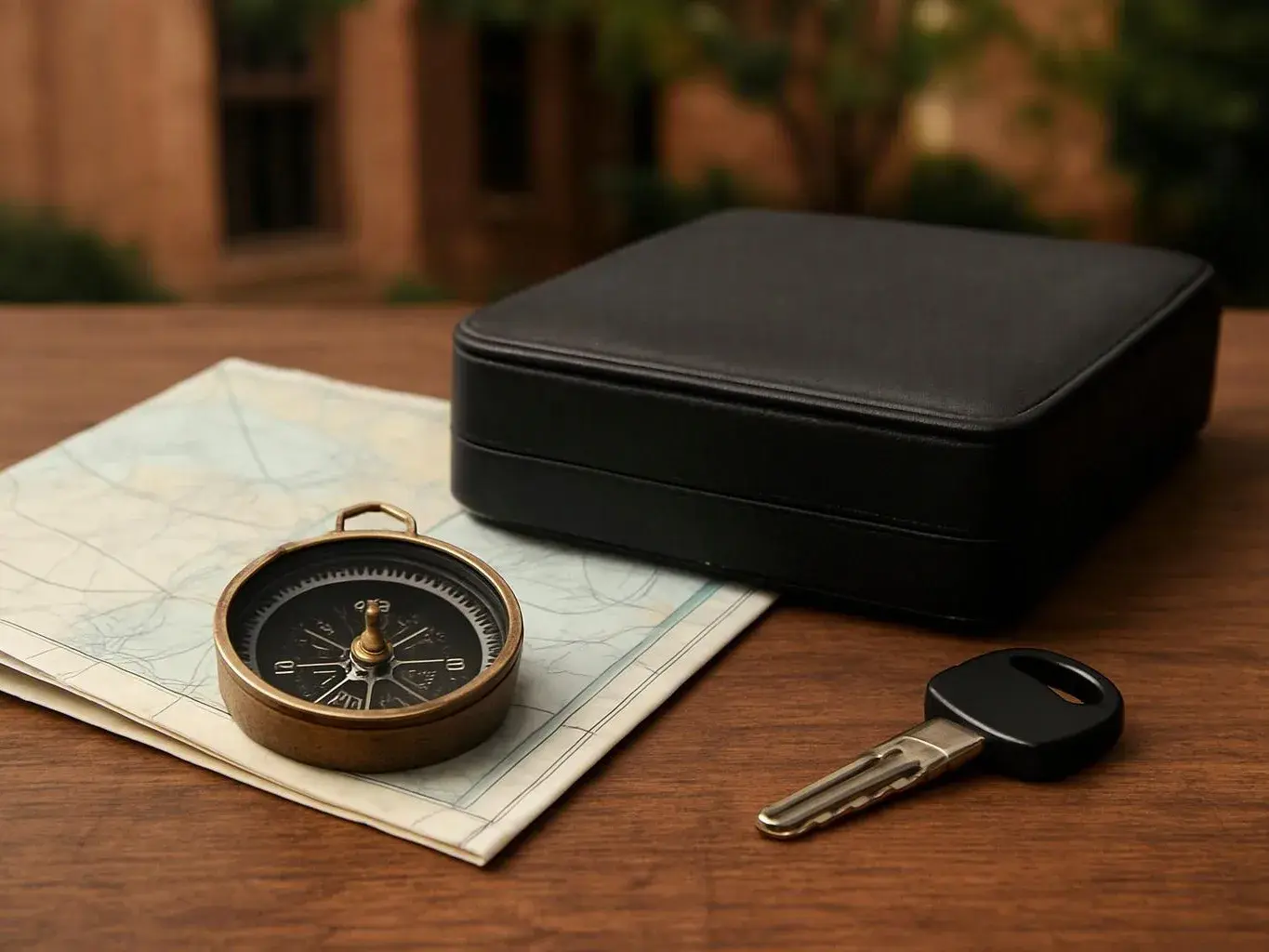 A brass compass, folded map, black case, and key rest on a wooden table outdoors
