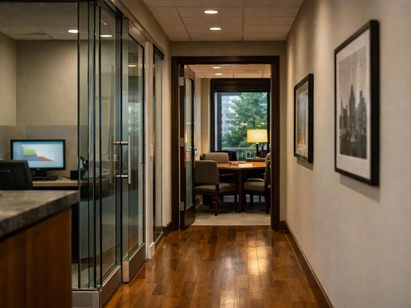 A quiet office hallway with glass rooms, framed wall art, and a lit meeting room at the end