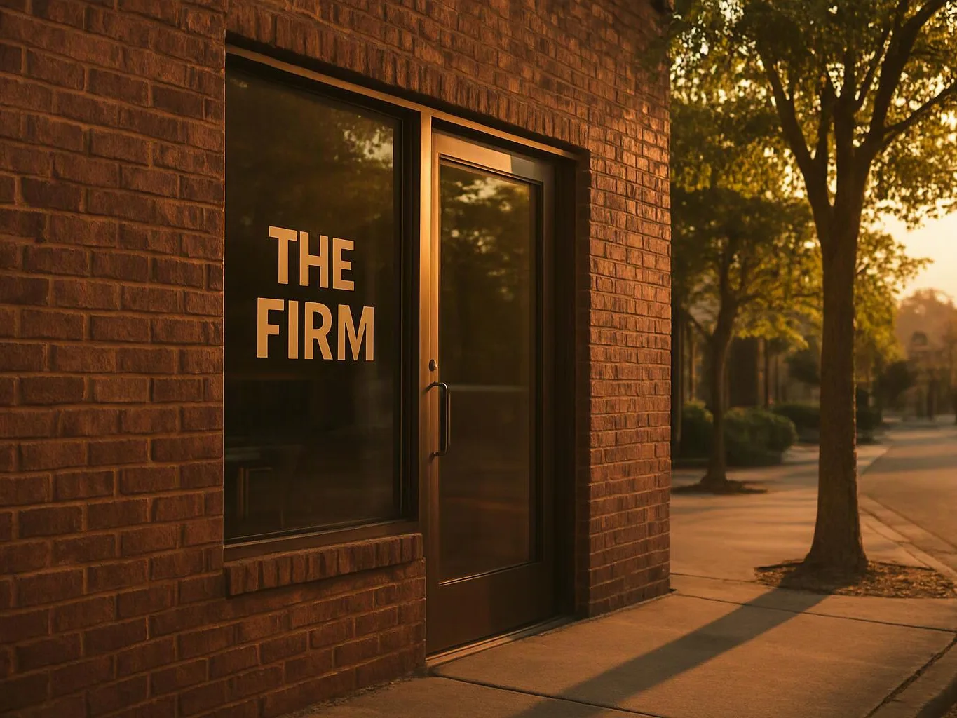 Brick storefront with a glass door and window reading THE FIRM beside a tree-lined sidewalk at sunset