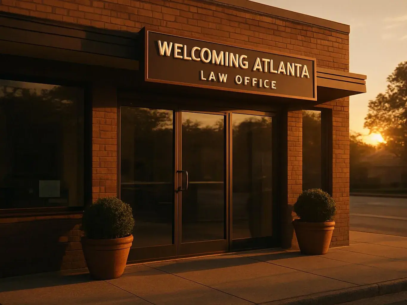 Brick storefront with glass doors, potted shrubs, and a sign reading “WELCOMING ATLANTA LAW OFFICE” at sunset