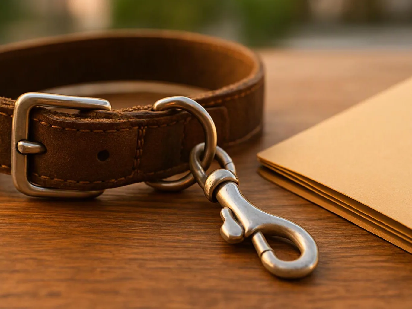 A brown leather collar with a metal clip lies beside a stack of tan papers on a wooden table