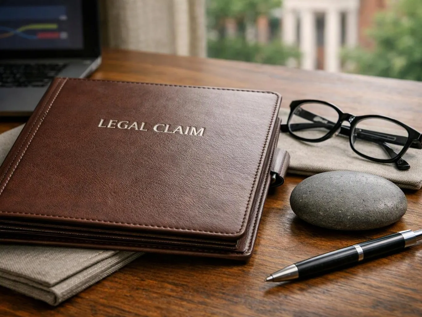 A brown leather folder labeled "LEGAL CLAIM" sits on a wooden desk with glasses, a pen, and a stone