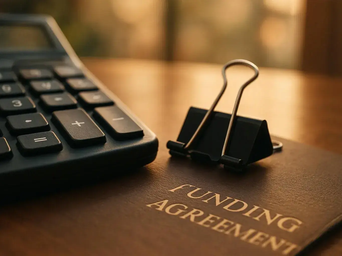 A calculator sits beside a binder clip on a folder labeled “FUNDING AGREEMENT”