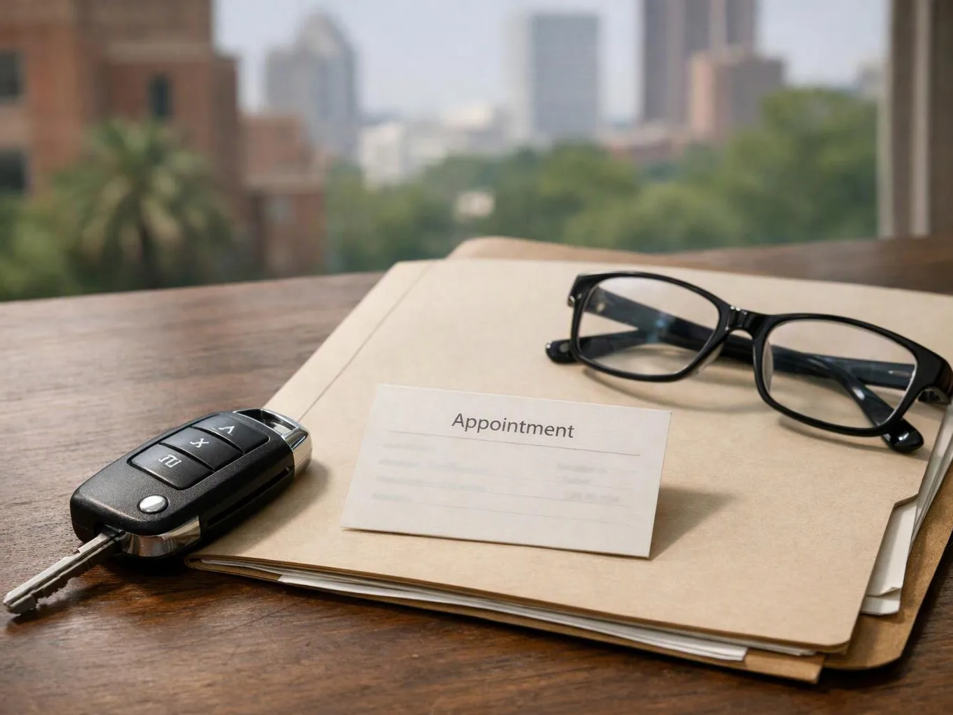 Car key, eyeglasses, and an appointment card rest on a folder on a wooden table by a window