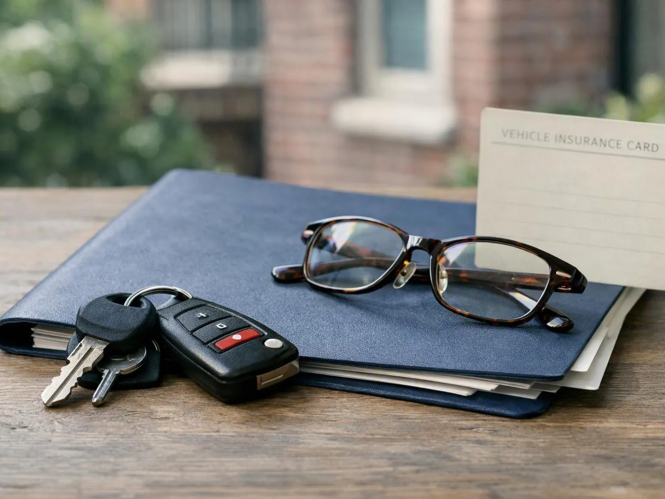 Car keys, eyeglasses, and an insurance card rest on a blue folder on a wooden table