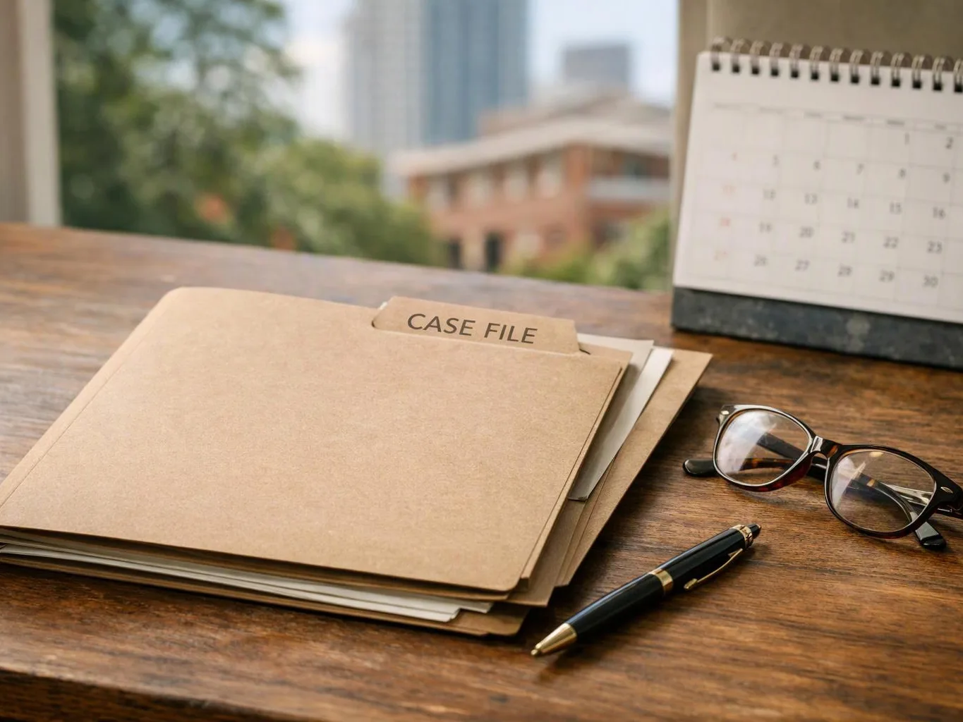 A case file folder, glasses, pen, and desk calendar sit on a wooden desk by a window