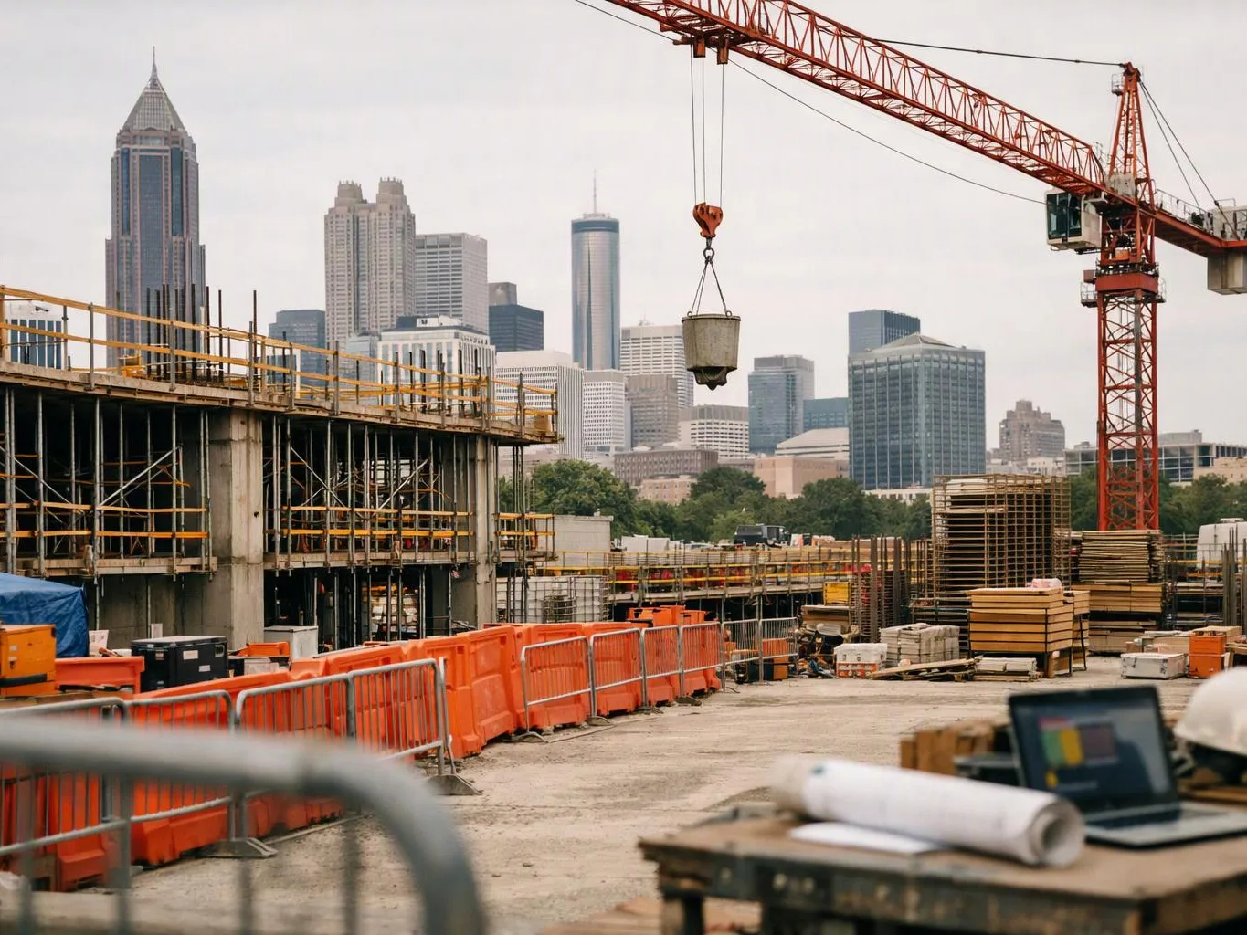 A city construction site with a red crane, concrete frames, stacked materials, and a skyline in the background