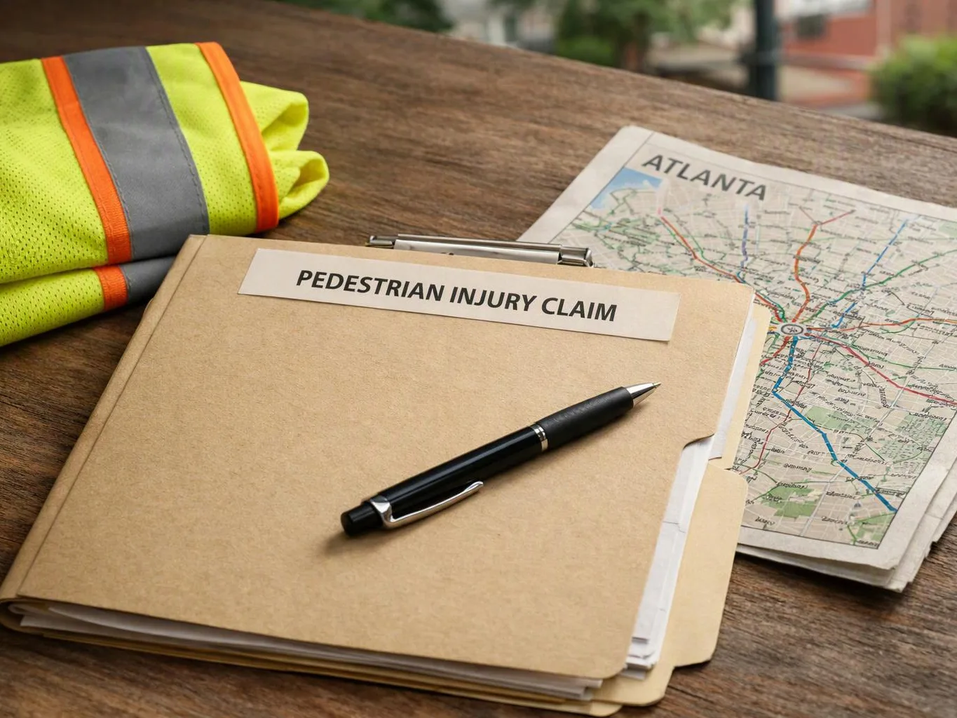 A clipboard labeled “PEDESTRIAN INJURY CLAIM” sits beside a city map and folded safety vest on a wooden table