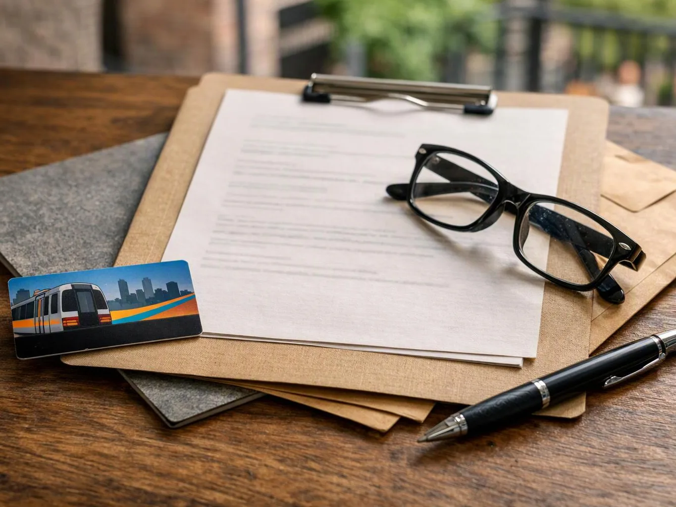 A clipboard with papers, black glasses, a pen, and a transit card sits on a wooden table