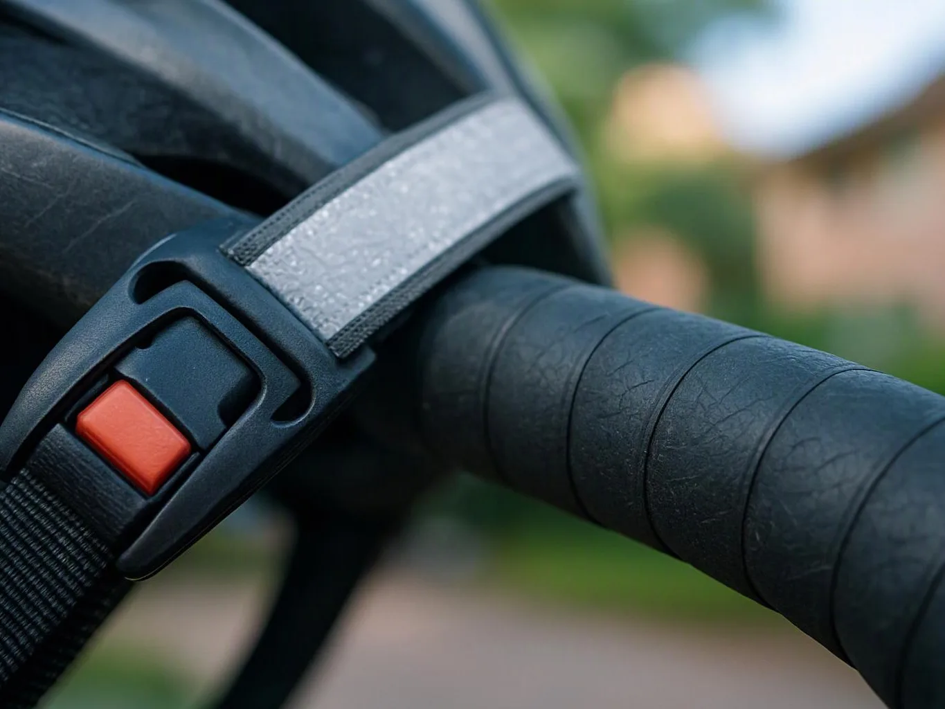 Close-up of a bicycle handlebar grip and brake lever against a blurred outdoor background