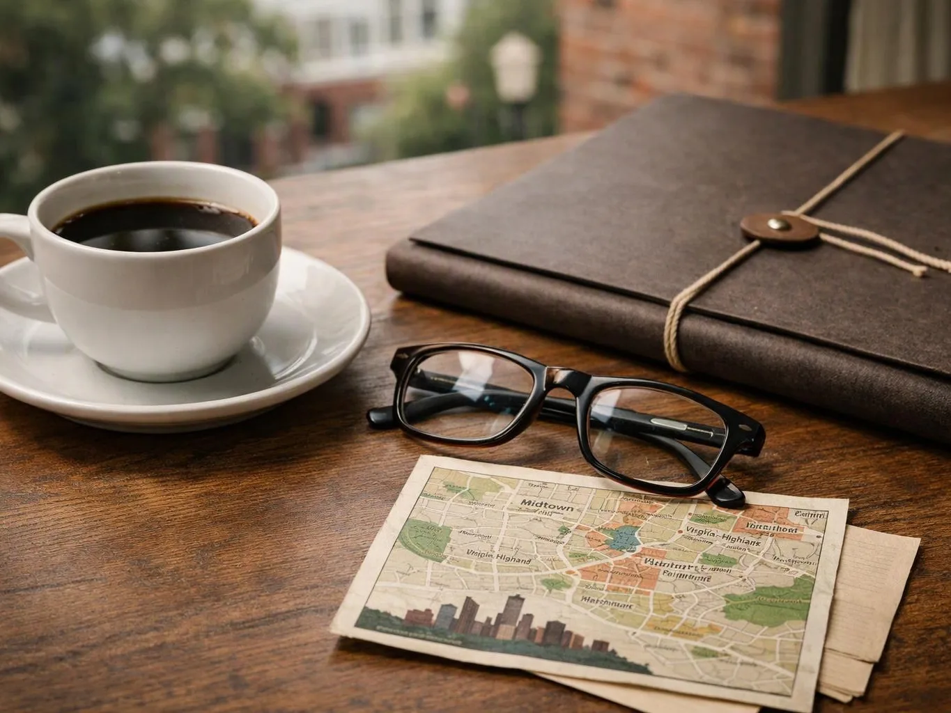 A coffee cup, eyeglasses, a leather notebook, and a small map rest on a wooden table near a window