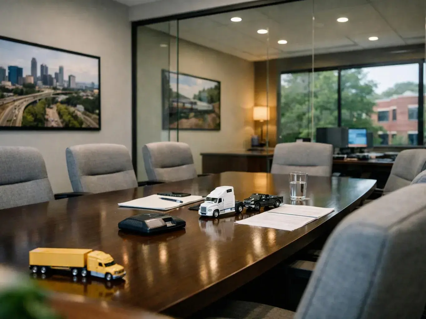 A conference room table holds toy trucks, papers, a phone, and a glass of water near empty gray chairs