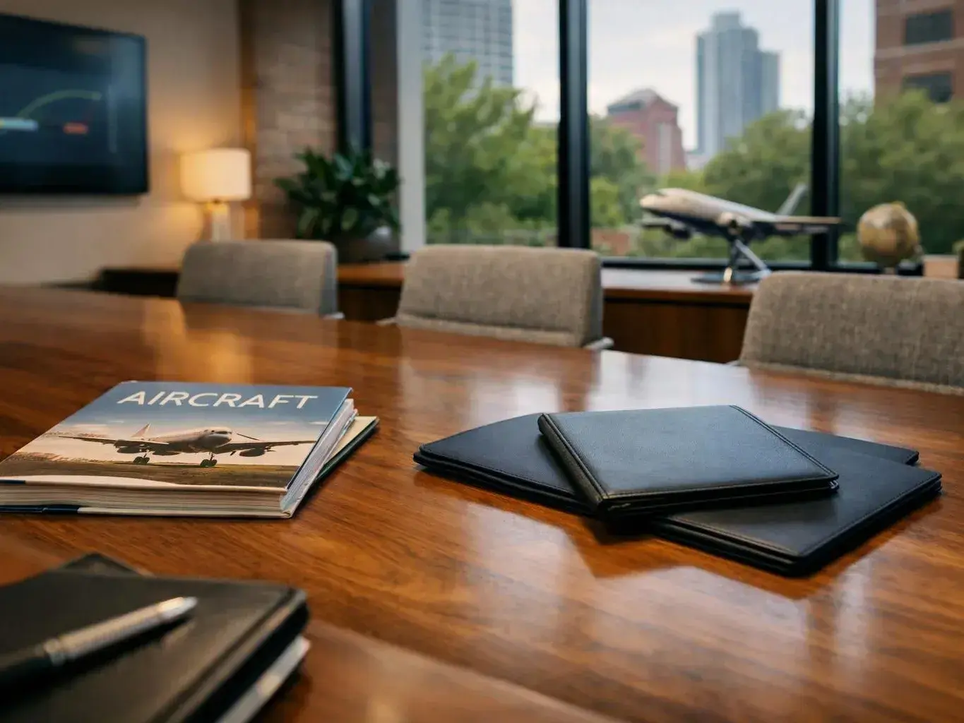 A conference table holds an aircraft magazine, black folders, and a pen in a bright meeting room with city windows