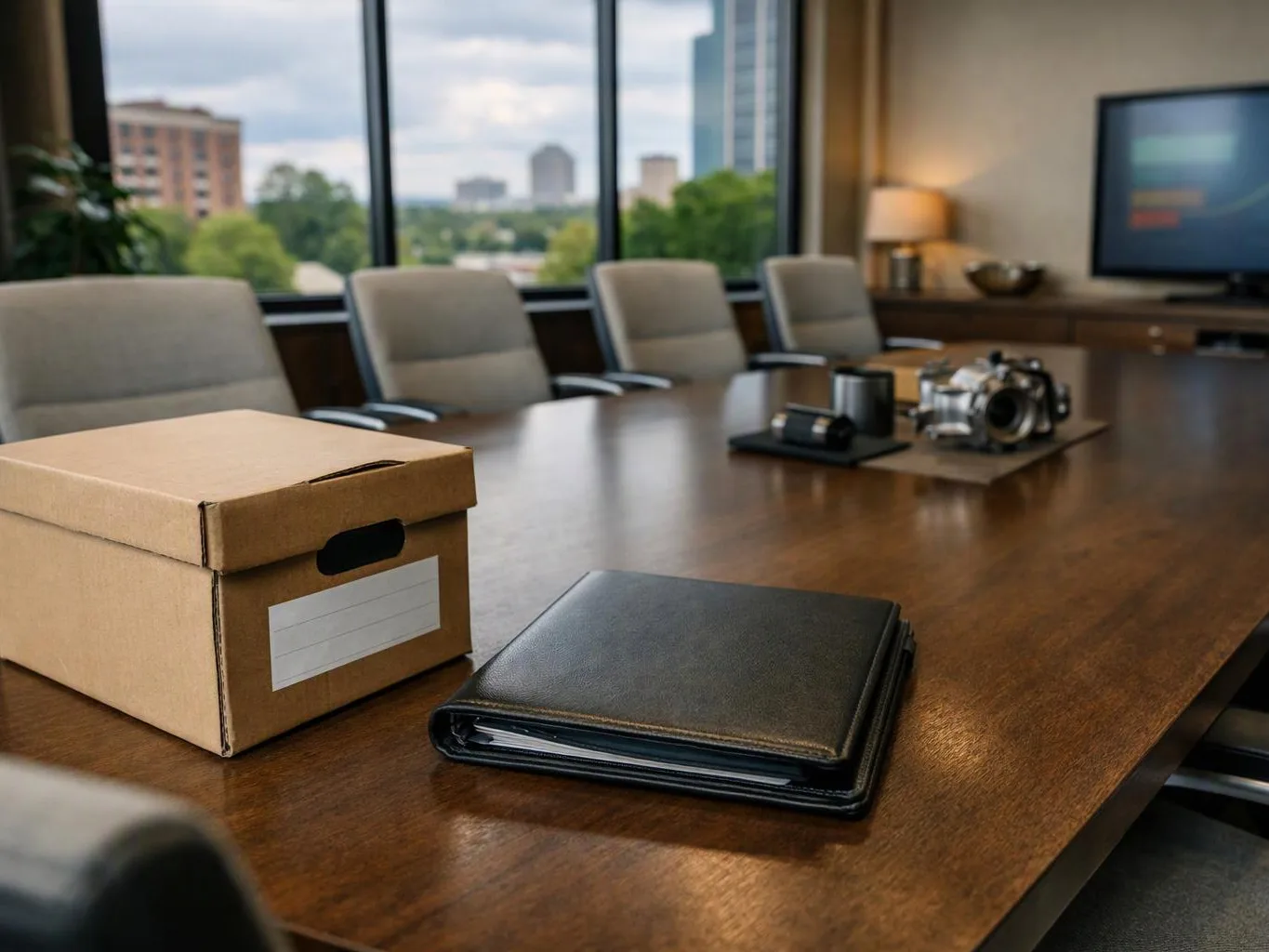 A conference table holds a cardboard file box, a black binder, and a camera near empty chairs and a window