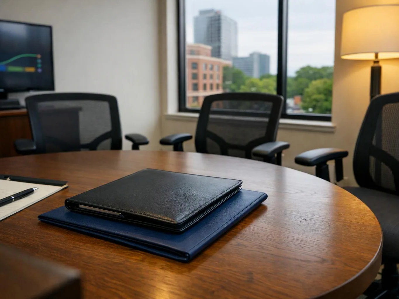 A conference table holds two closed folders, with empty mesh chairs and a city view behind it