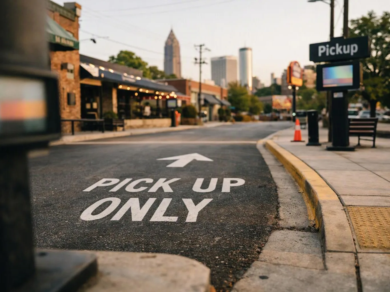 A curbside lane shows “PICK UP ONLY” painted on the road beside a pickup sign and sidewalk edges