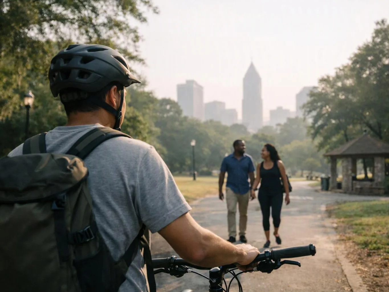 A cyclist with a backpack pauses on a park path while two people walk ahead near trees and distant buildings