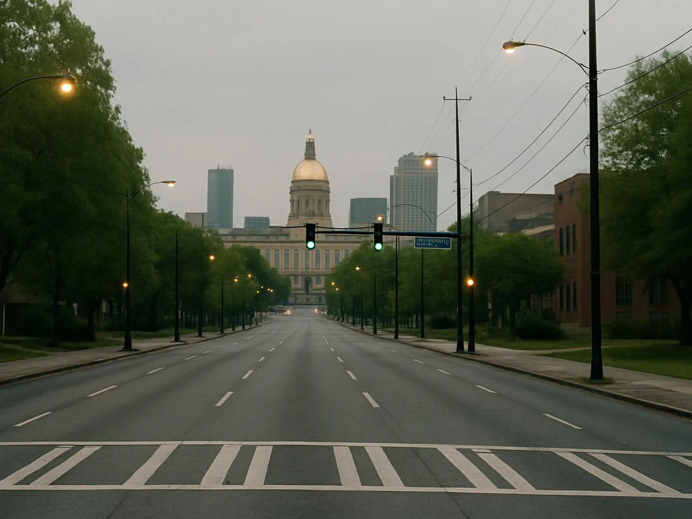 Empty city street leads toward a domed government building under green traffic lights at dusk