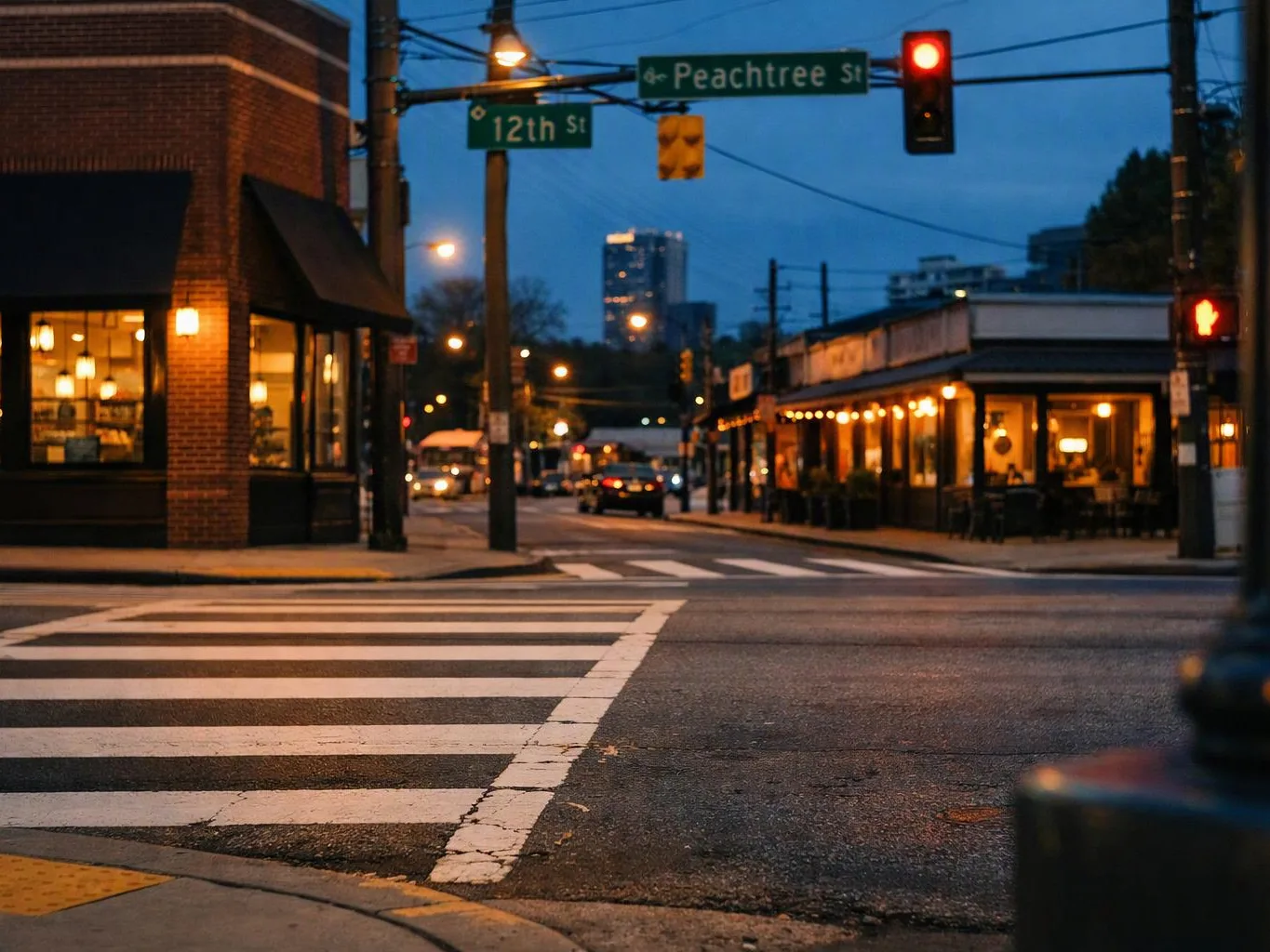 An empty city intersection at dusk shows a red light, crosswalk stripes, and glowing storefronts