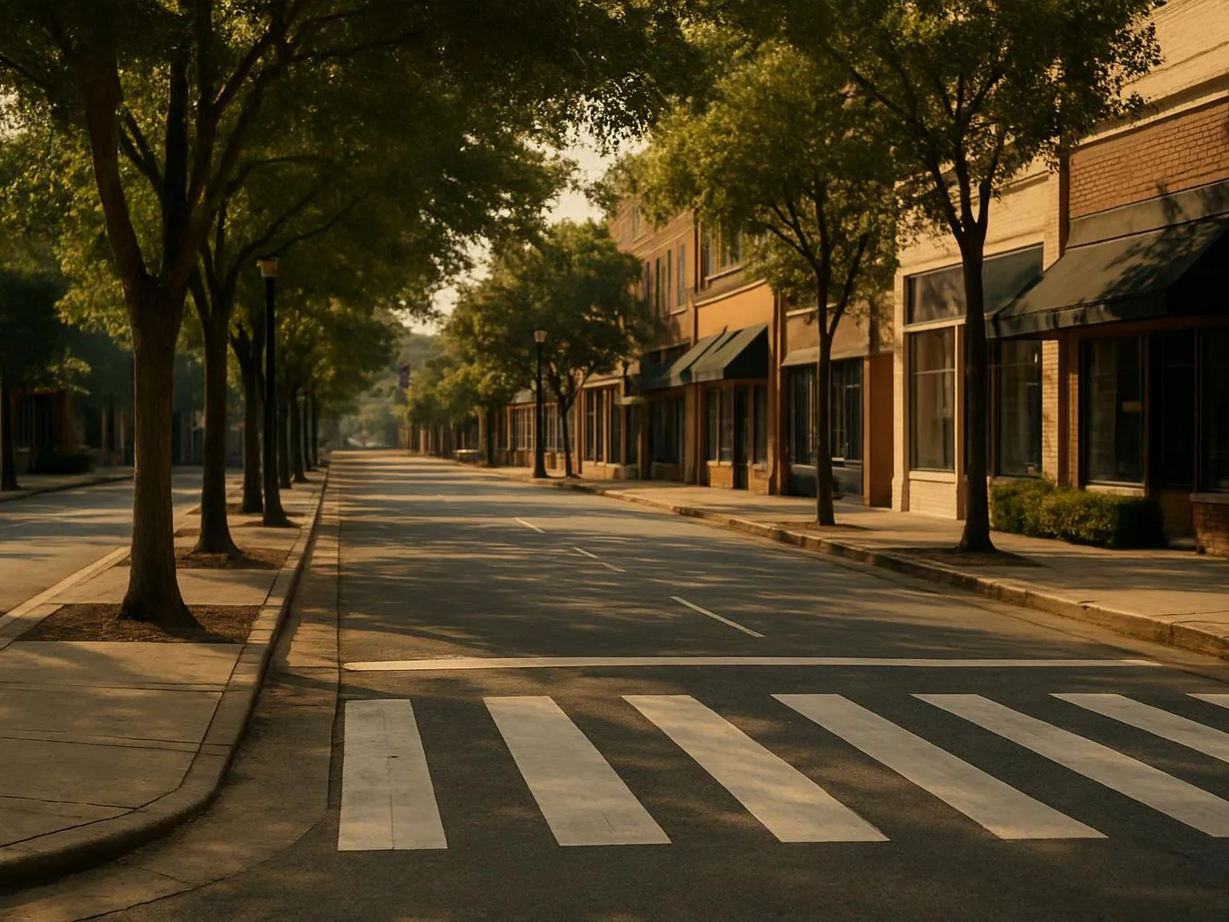 An empty tree-lined street stretches past storefronts with awnings and a crosswalk in warm sunlight