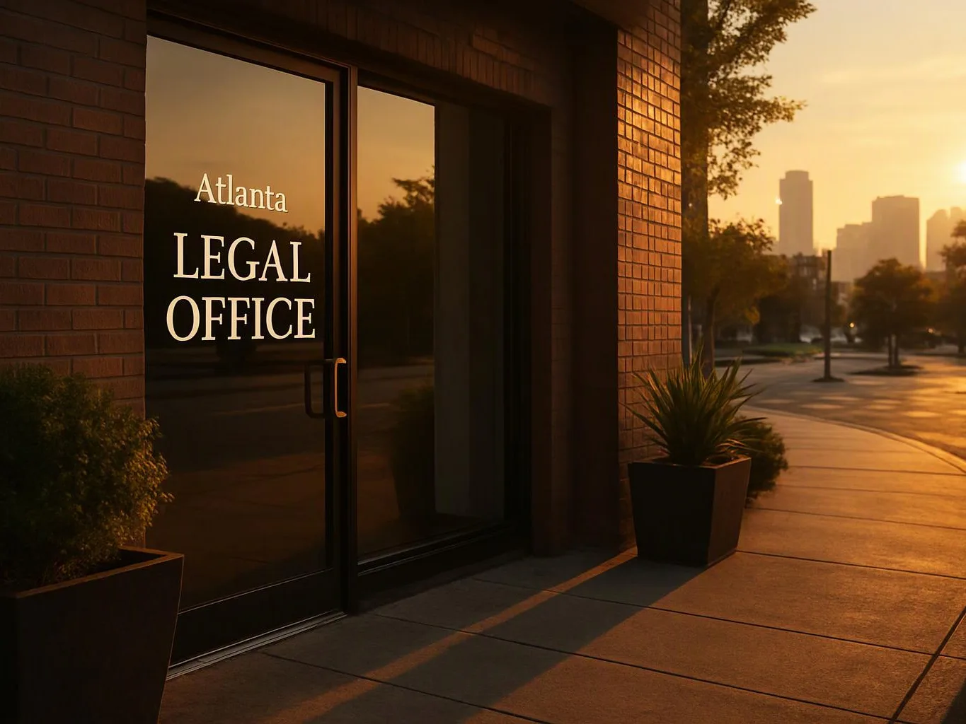 Glass doors on a brick building reflect sunset light, with “LEGAL OFFICE” on the entrance and a city skyline beyond