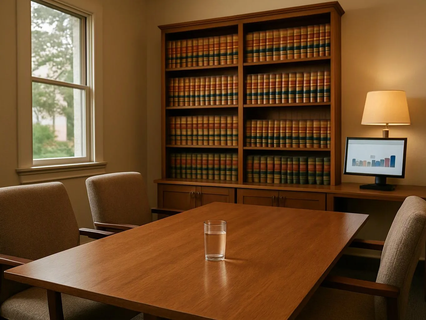 A glass sits on a wooden conference table beside chairs, a bookcase, a lamp, and a monitor with a chart