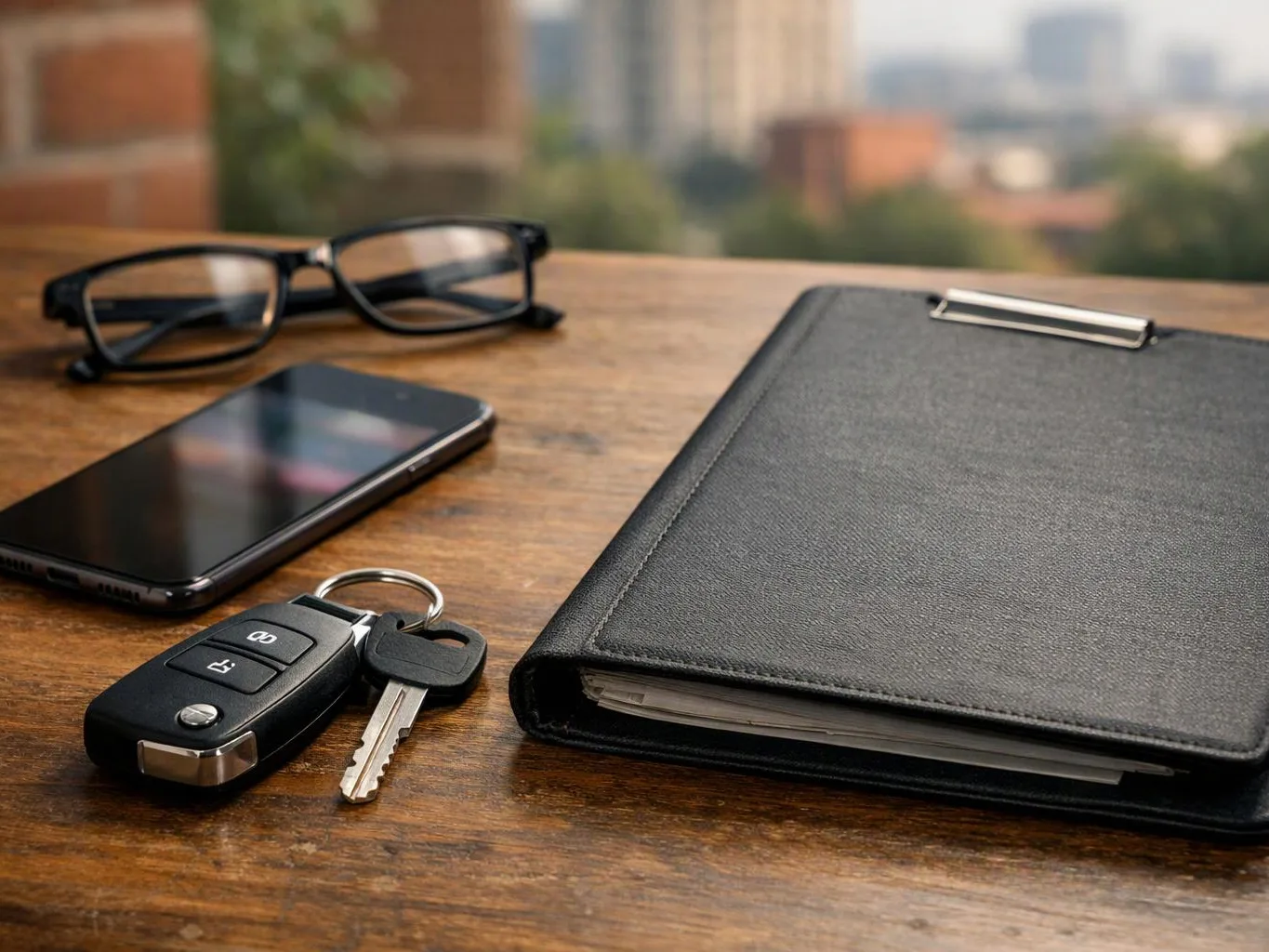 Glasses, a smartphone, car key, and black clipboard rest on a wooden table with a blurred city view behind them