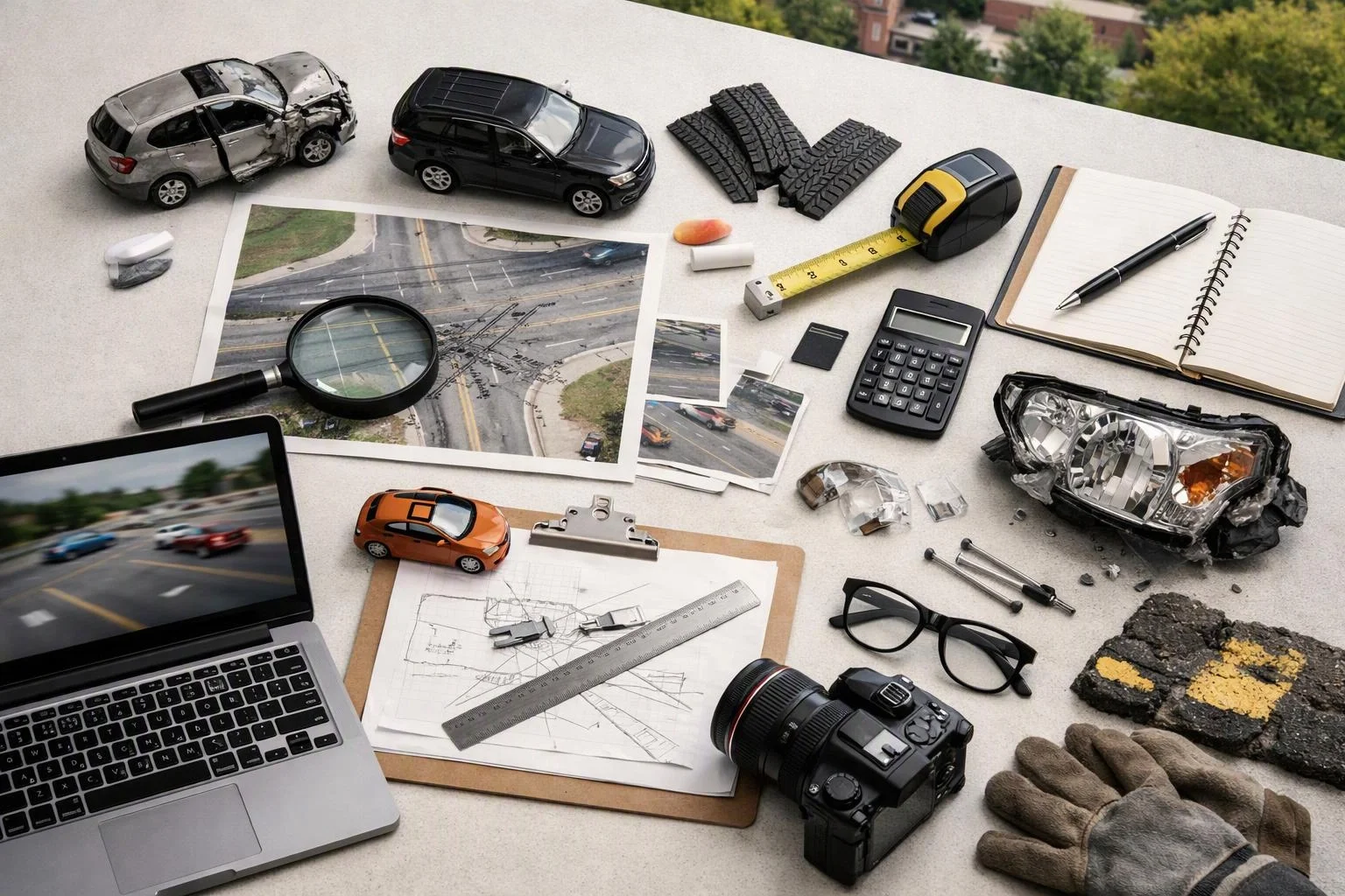 A tabletop holds crash evidence, toy cars, photos, tools, a laptop, and damaged car parts for accident analysis