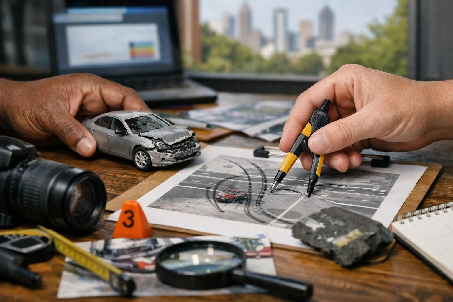 Two hands examine a damaged toy car and accident photos on a cluttered desk