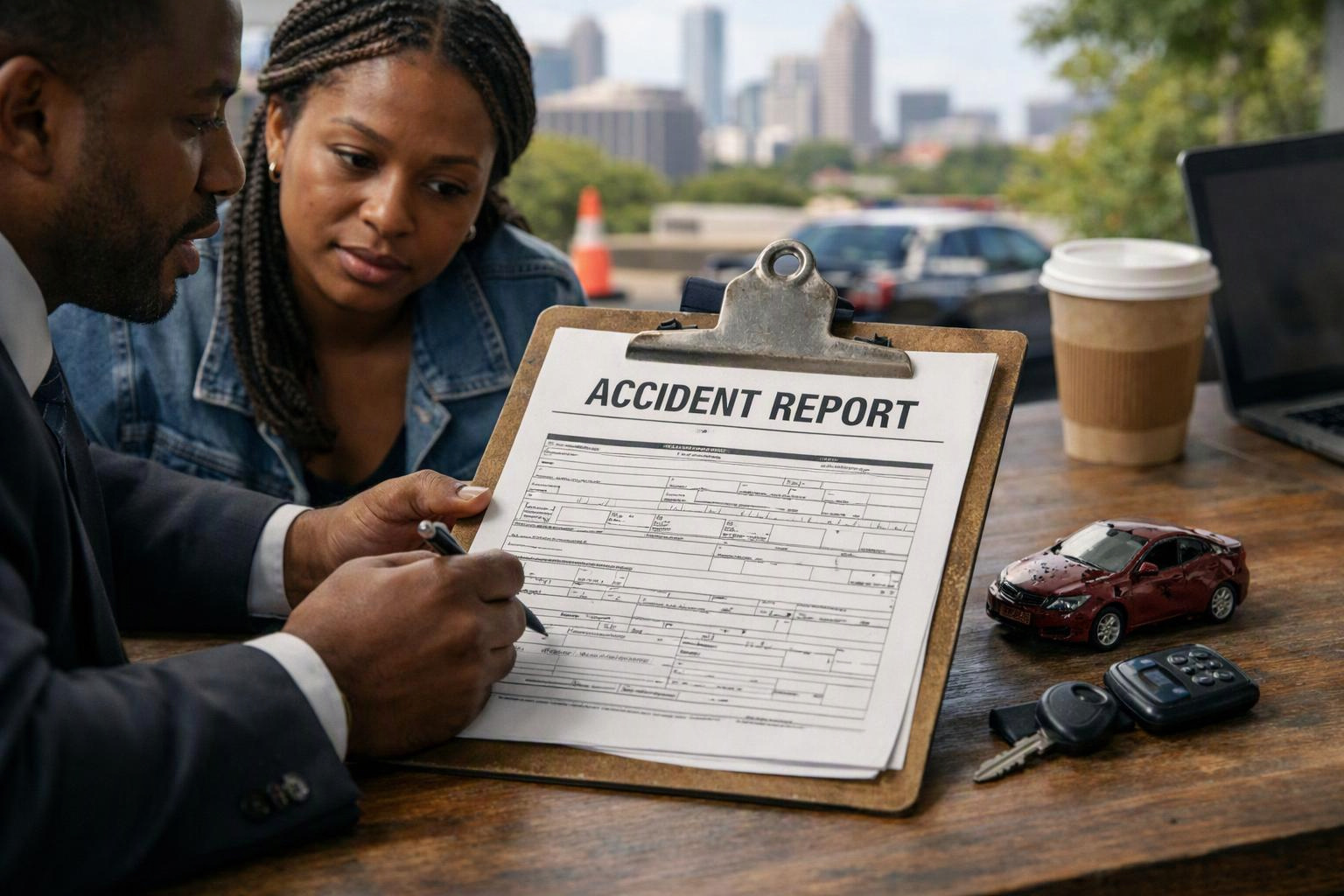 Two people review an accident report on a clipboard beside a toy car, keys, and a coffee cup outdoors
