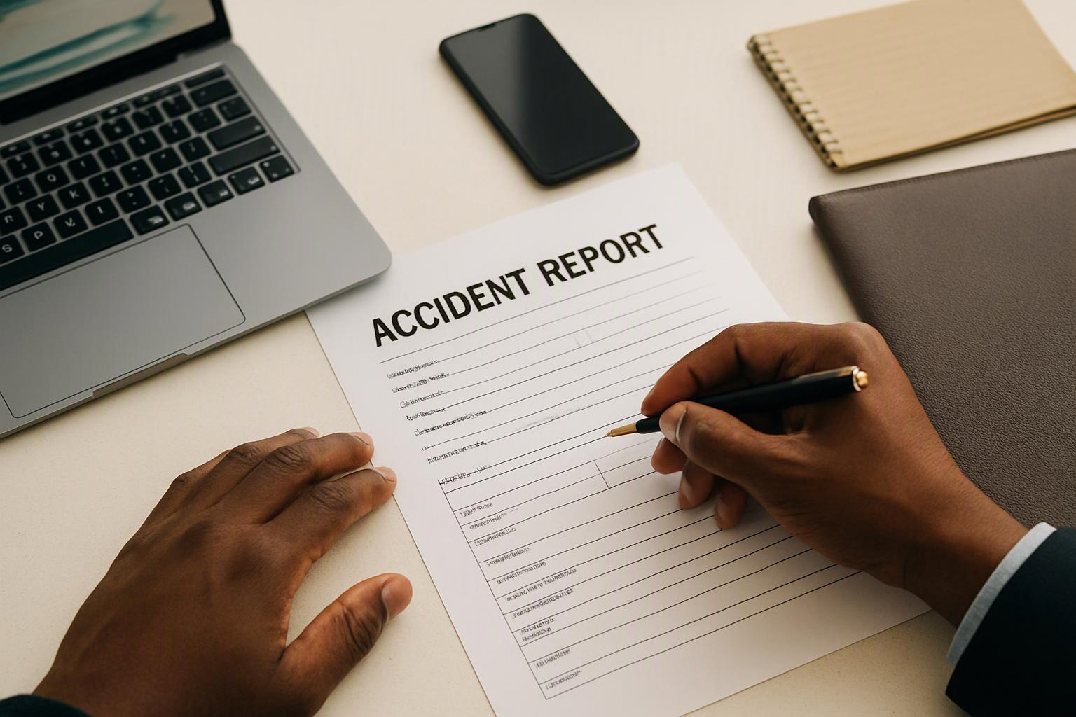 Hands write on an accident report beside a laptop, phone, notebook, and folder on a desk