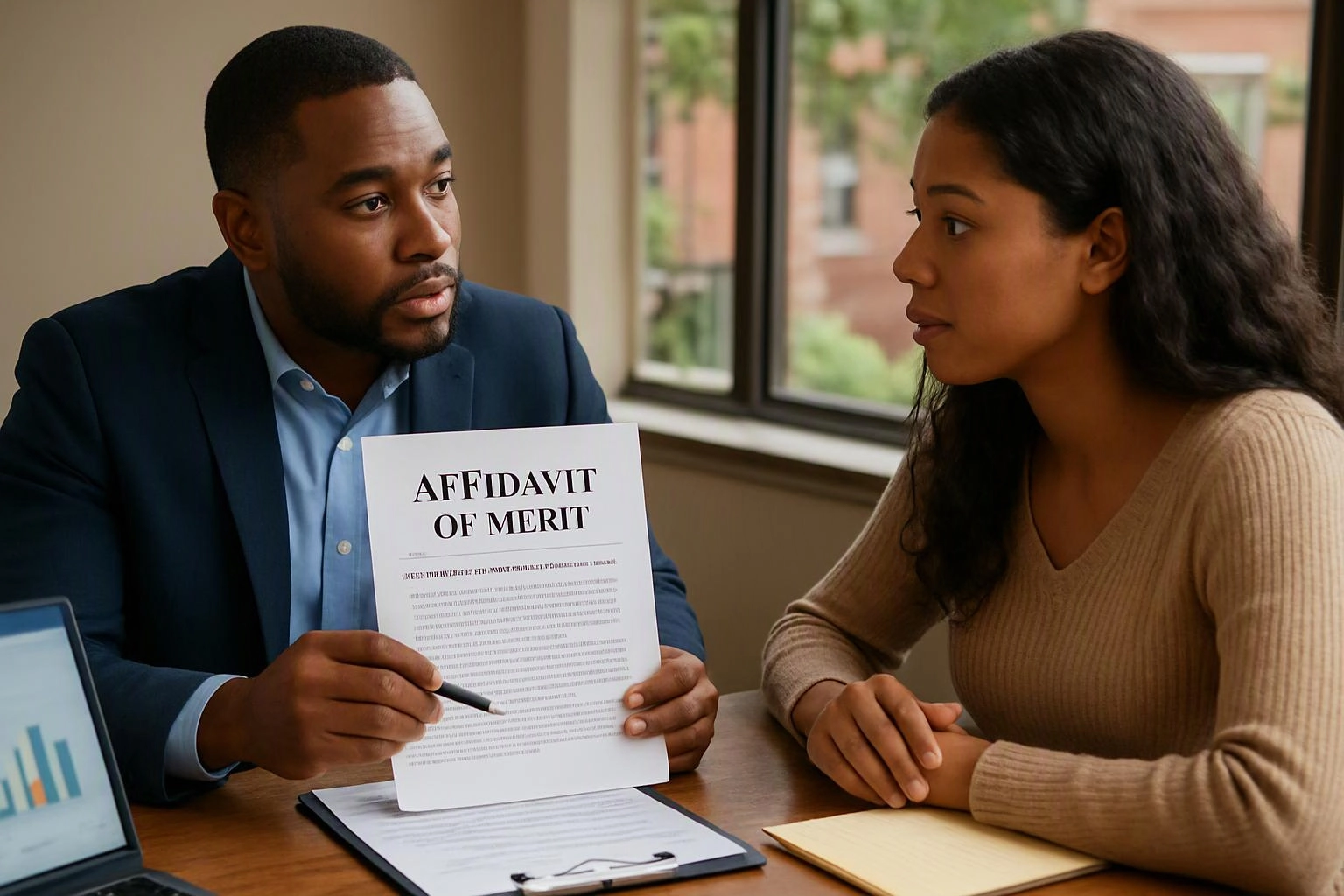 A man holds up an affidavit while speaking to a woman across a desk in a bright office