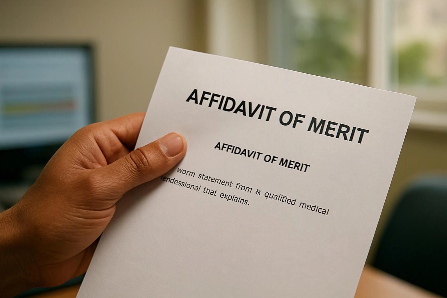 A hand holds a paper titled “AFFIDAVIT OF MERIT” in a blurred office-like setting