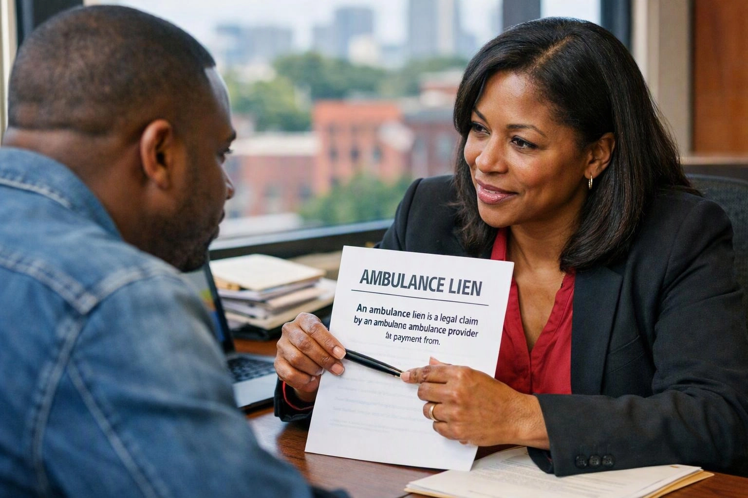 A woman in an office shows a man a document titled “AMBULANCE LIEN” while holding a pen