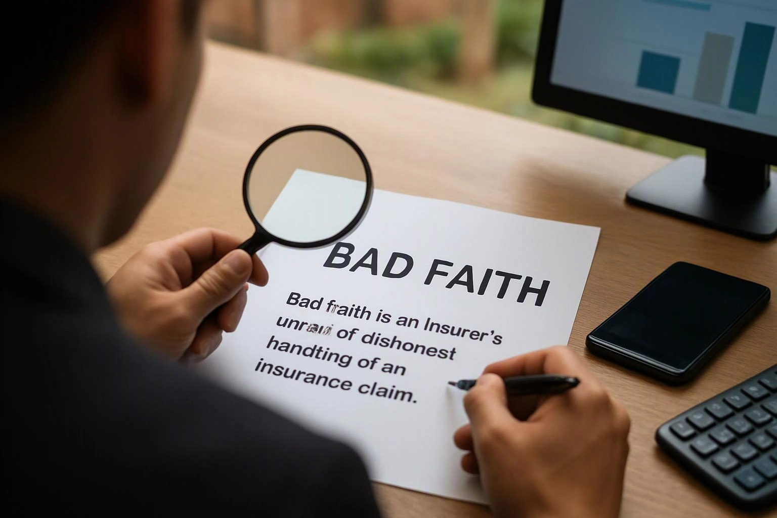 A person examines a paper labeled “BAD FAITH” with a magnifying glass at a desk with a phone, monitor, and keyboard