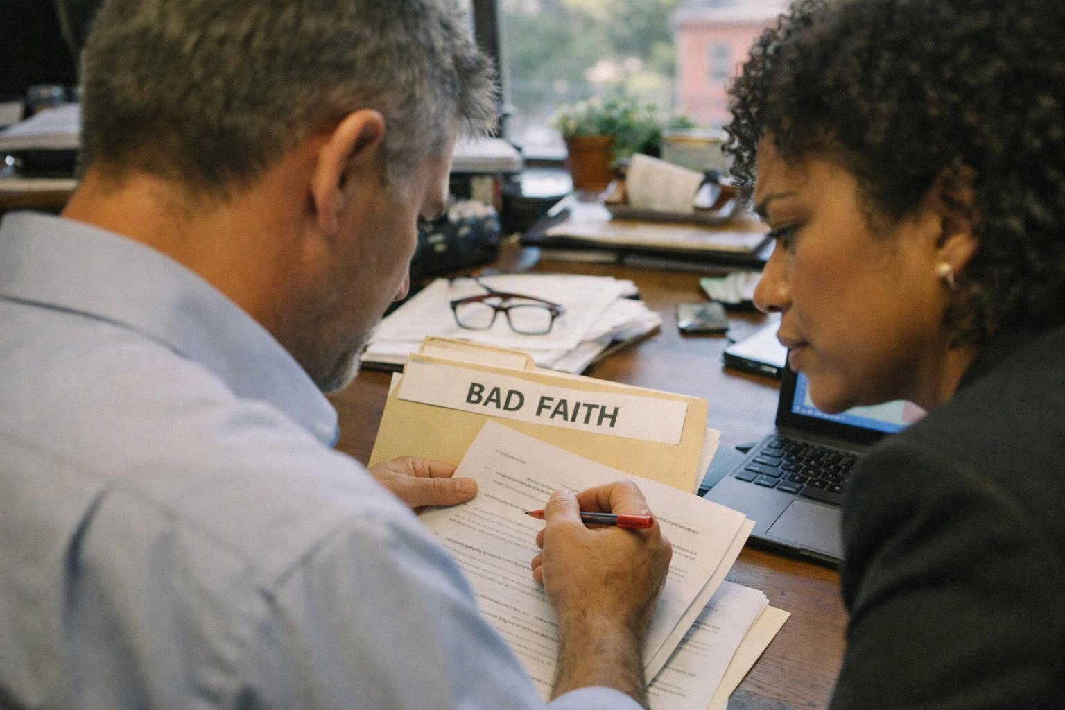 Two people review papers at a desk, with a folder labeled “BAD FAITH” beside a laptop and glasses