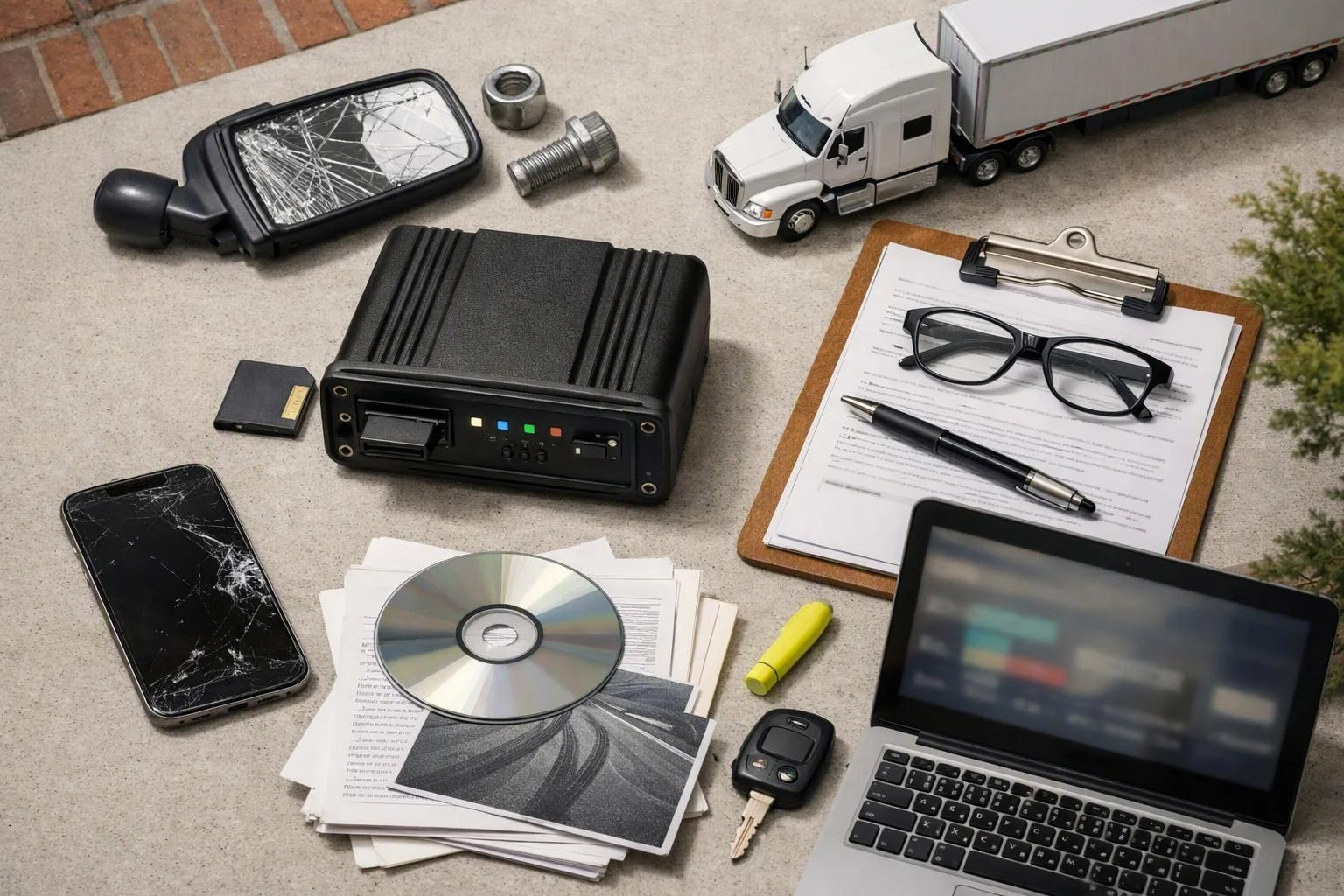 Cracked phone, laptop, clipboard, papers, CD, toy truck, and a black electronics box lie scattered on a tabletop