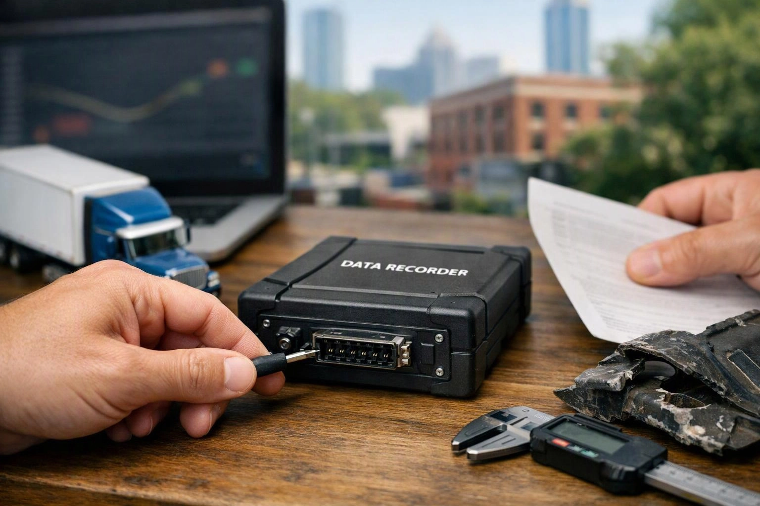 Hands connect a cable to a black data recorder on a wooden table with a laptop and truck model nearby
