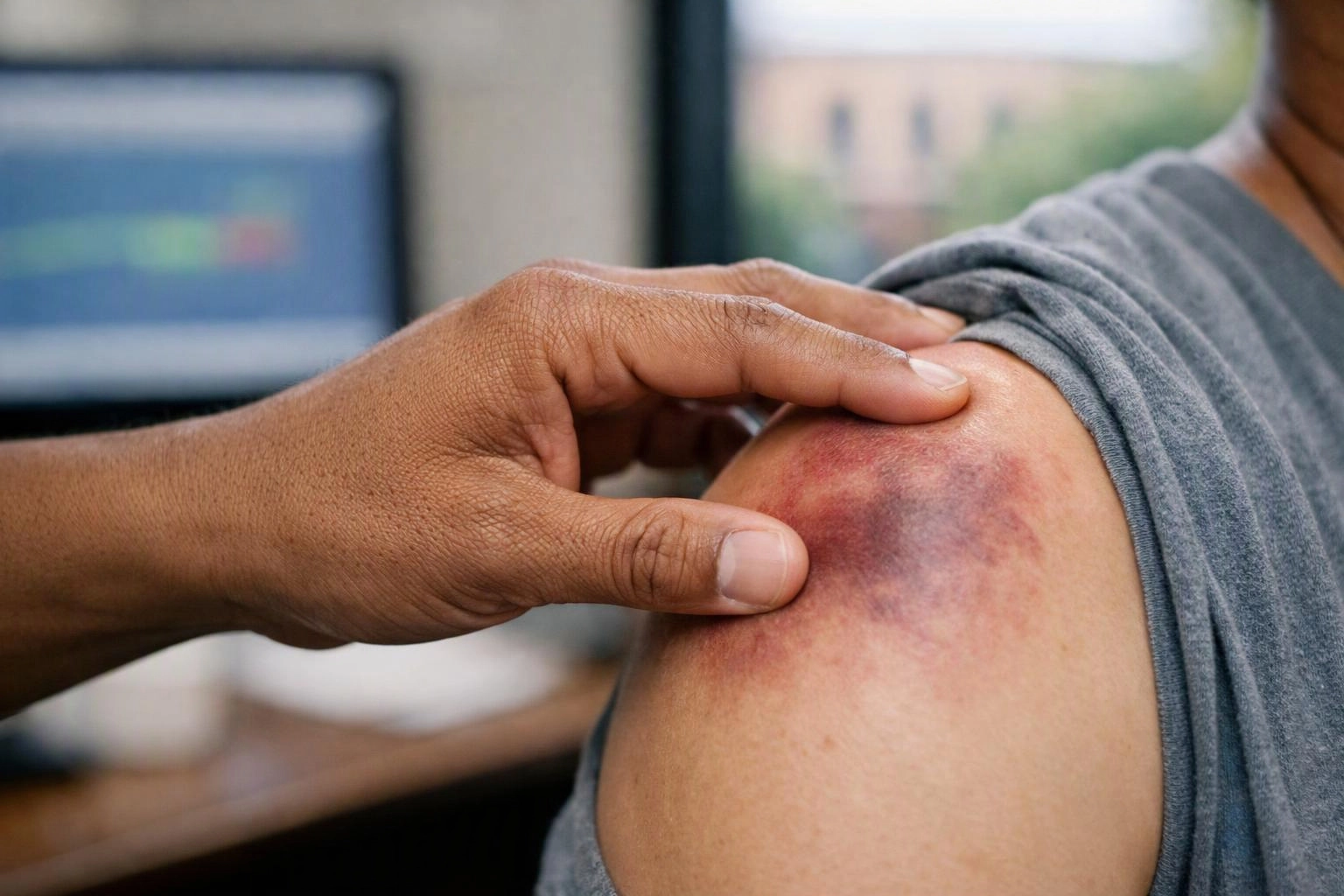 A hand presses a bruised shoulder of a person in a gray shirt indoors