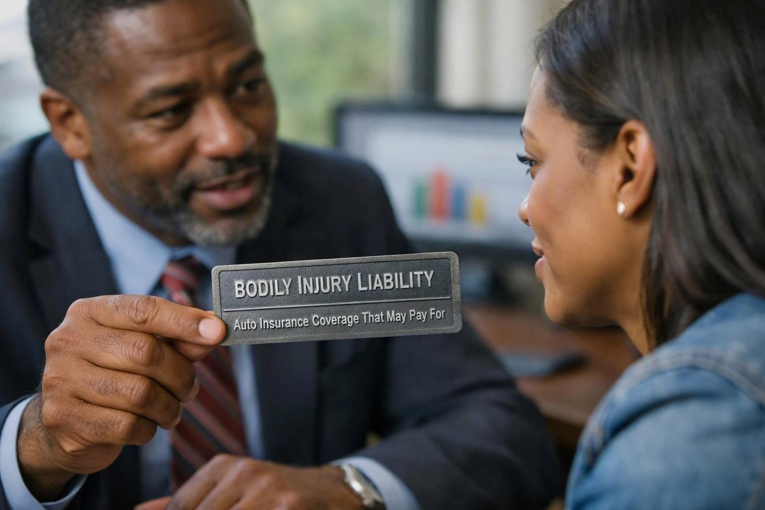 A man in a suit shows a woman a card labeled bodily injury liability in an office