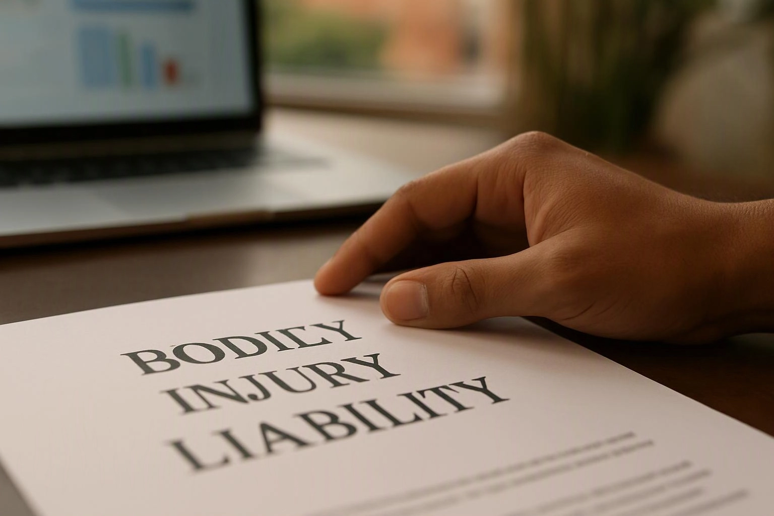 A hand points at a paper titled body injury liability beside a laptop on a desk