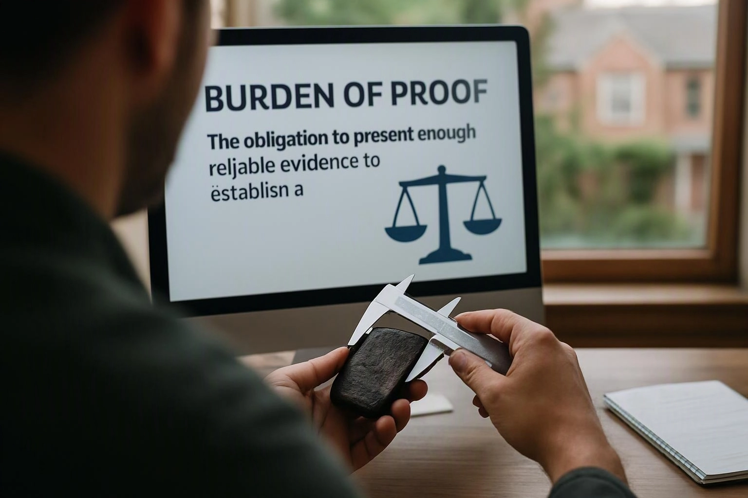 A person measures a small black object at a desk while a screen shows “BURDEN OF PROOF” and a scales icon