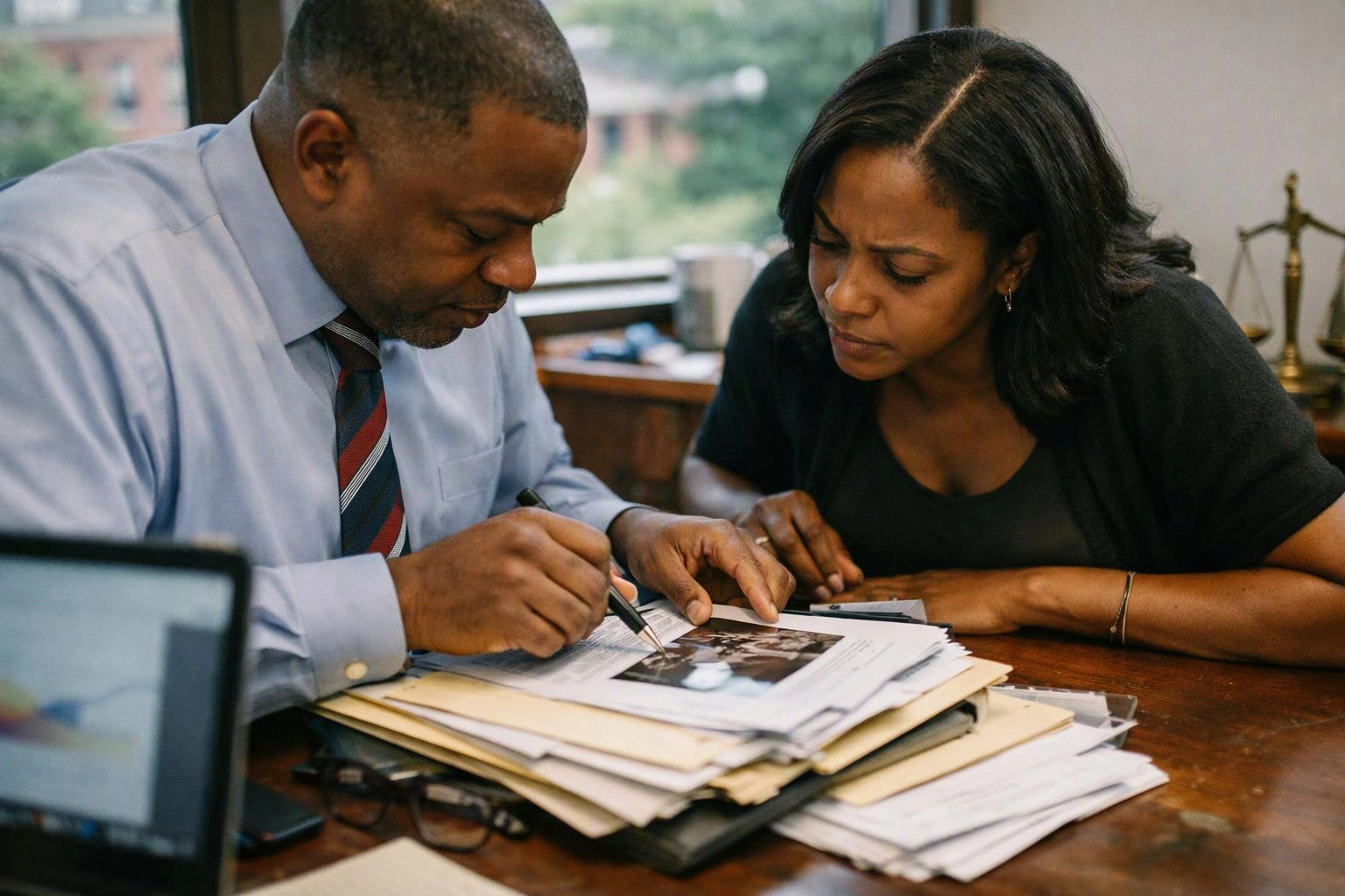 Two people review paperwork at a desk, with a man pointing at a document while a woman leans in to study it