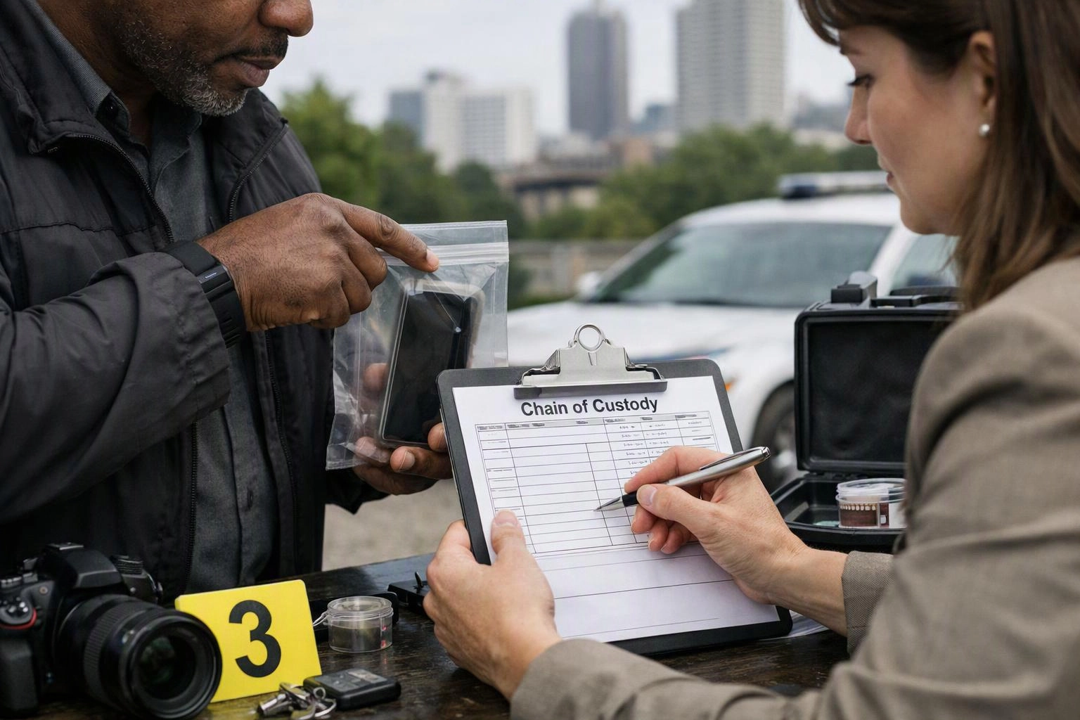 A woman records evidence on a clipboard while a man holds a sealed phone bag beside a numbered table outdoors