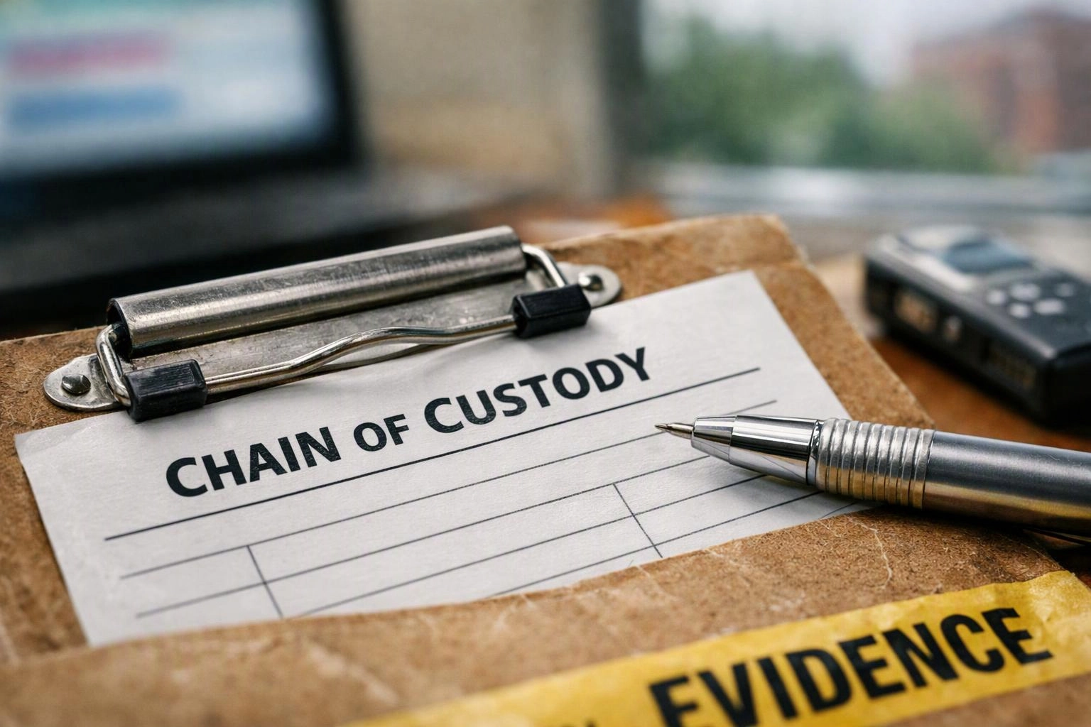 Clipboard holds a chain of custody form beside a pen, with evidence tape across the bottom
