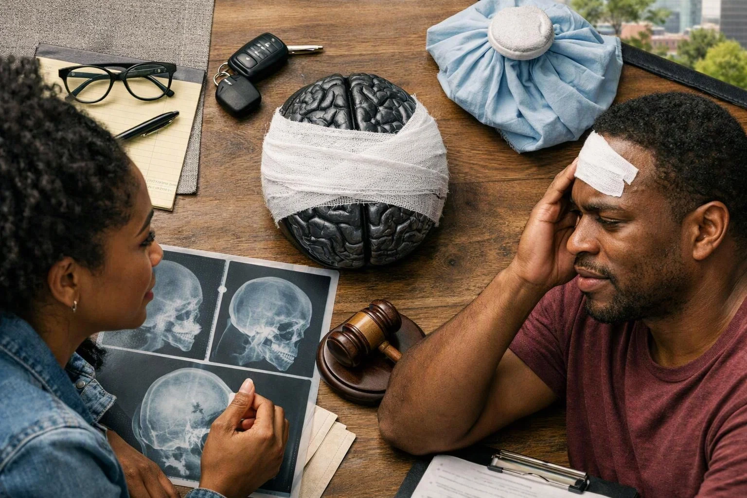 Two people sit at a table with a bandaged head model, X-ray images, keys, glasses, and a judge’s gavel