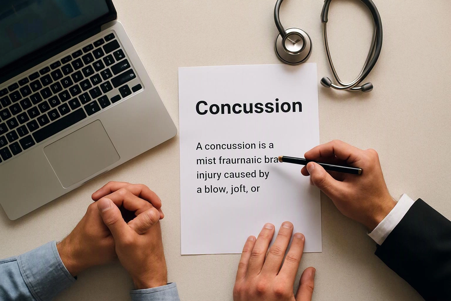 A doctor points at a paper titled “Concussion” beside a laptop, stethoscope, and another person’s clasped hands