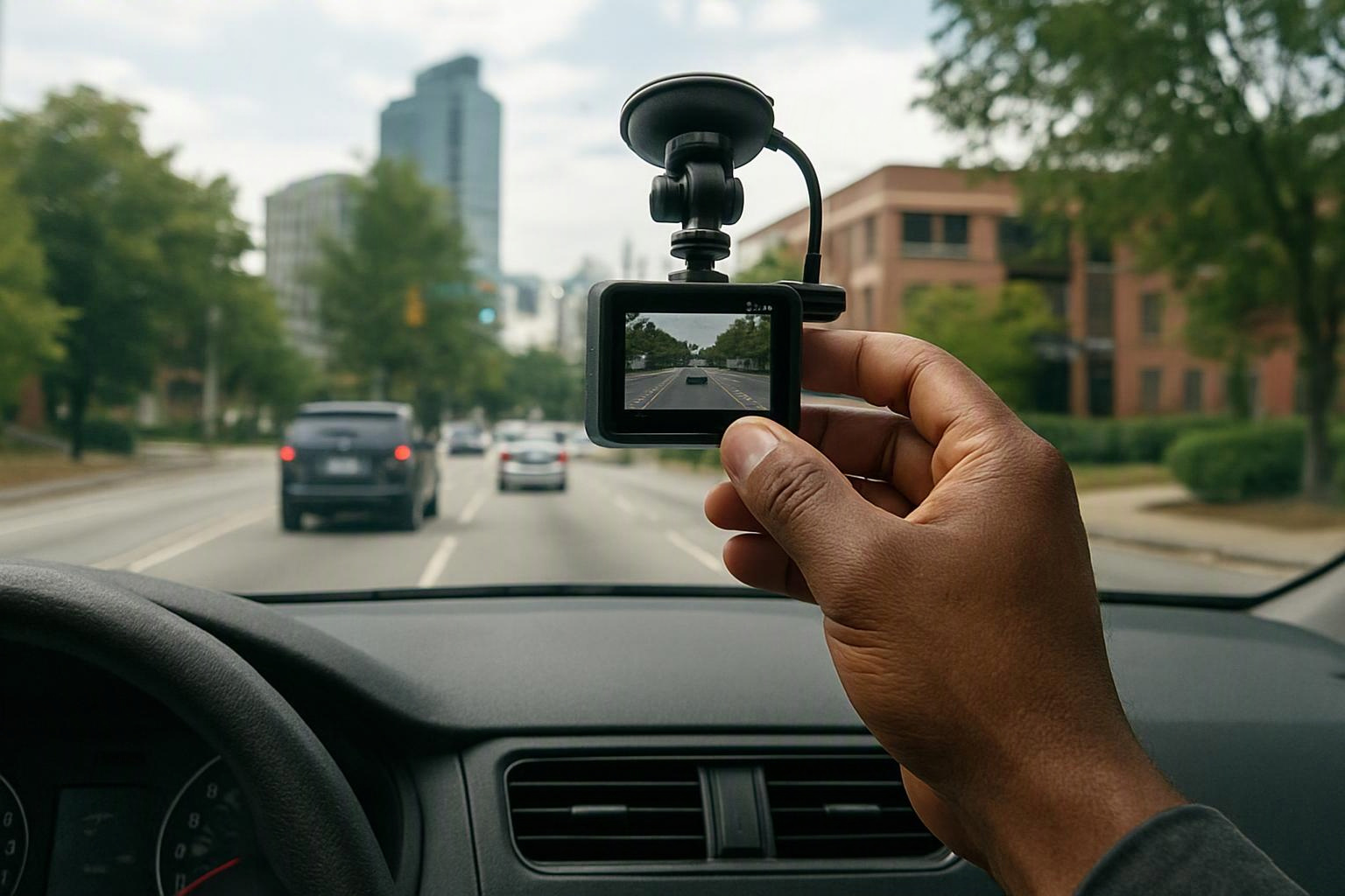A hand holds a small dashboard camera inside a car, pointing at a city street ahead