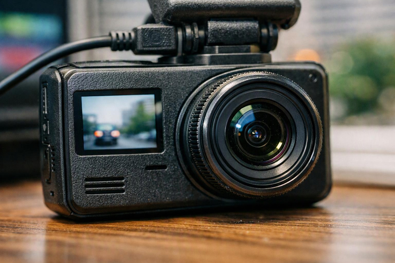 A black dash camera sits on a wooden surface, with its lens facing forward and a blurred road view on the screen